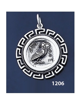 1206 Owl Of Wisdom Coin Pendant with Greek Key Pattern / Meander (L)