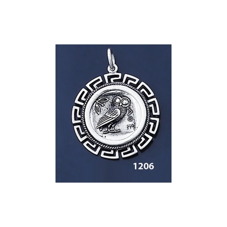 1206 Owl Of Wisdom Coin Pendant with Greek Key Pattern / Meander (L)
