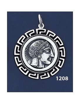 1208 Goddess Athena Coin Pendant with Greek Key Pattern / Meander  (L)