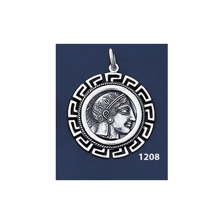 1208 Goddess Athena Coin Pendant with Greek Key Pattern / Meander  (L)