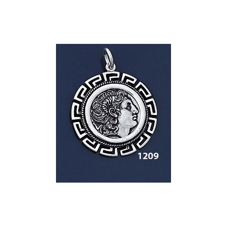 1209 Alexander The Great (Lysimachos) Coin Pendant with Greek Key Pattern / Meander (L)
