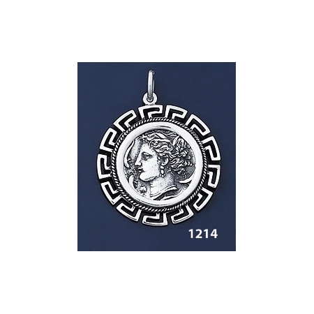1214 Syracuse Arethousa/Artemis/Persephone Coin Pendant with Greek Key Pattern / Meander (L)