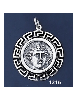1216 Rhodes Island- Helios Ancient Sun God Coin Pendant with Greek Key Pattern / Meander (L)