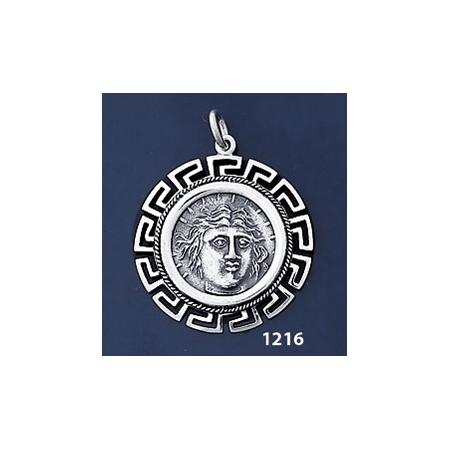 1216 Rhodes Island- Helios Ancient Sun God Coin Pendant with Greek Key Pattern / Meander (L)