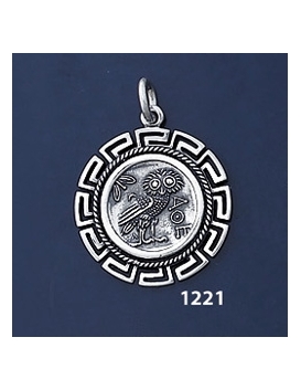 1221 Owl Of Wisdom Coin Pendant with Greek Key Pattern / Meander