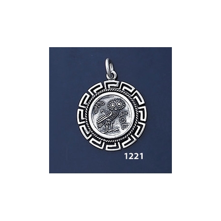 1221 Owl Of Wisdom Coin Pendant with Greek Key Pattern / Meander