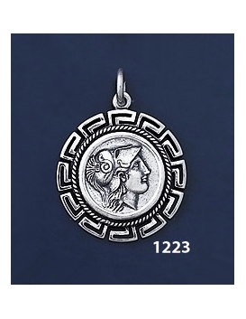 1223 Helmetted Athena Coin Pendant with Greek Key Pattern, Meander (M)