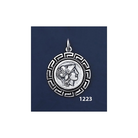 1223 Helmetted Athena Coin Pendant with Greek Key Pattern, Meander (M)