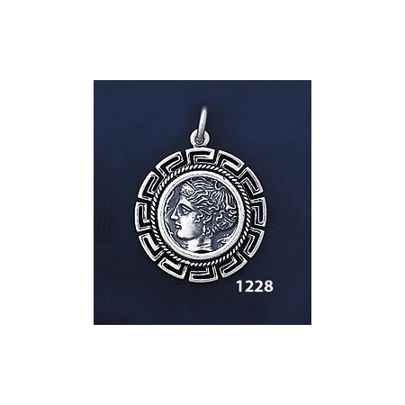 1228 Syracuse Arethousa/Artemis/Persephone Coin Pendant with Greek Key Pattern / Meander (M)
