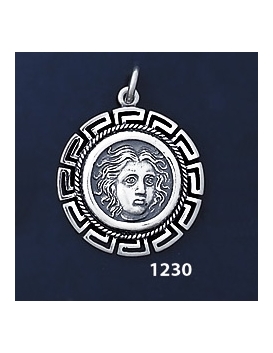 1230 Rhodes Island- Helios Ancient Sun God Coin Pendant with Greek Key Pattern / Meander (M)