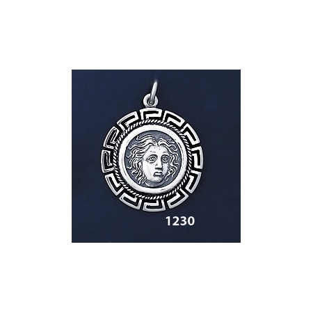 1230 Rhodes Island- Helios Ancient Sun God Coin Pendant with Greek Key Pattern / Meander (M)