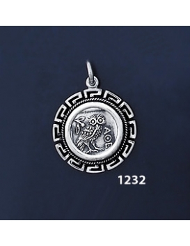 1232 Owl Of Wisdom Coin Pendant with Greek Key Pattern / Meander (S)