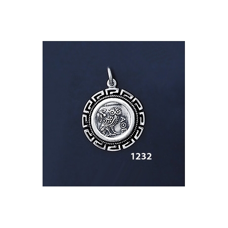 1232 Owl Of Wisdom Coin Pendant with Greek Key Pattern / Meander (S)