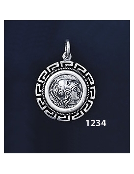 1234 Helmetted Athena Coin Pendant with Greek Key Pattern, Meander (S)