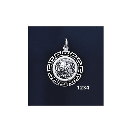 1234 Helmetted Athena Coin Pendant with Greek Key Pattern, Meander (S)