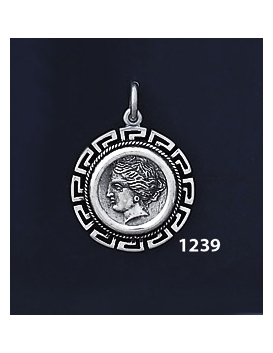 1239 Syracuse Arethousa/Artemis/Persephone Coin Pendant with Greek Key Pattern / Meander (S)
