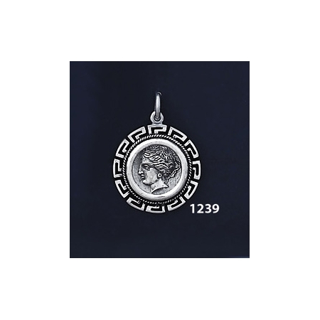 1239 Syracuse Arethousa/Artemis/Persephone Coin Pendant with Greek Key Pattern / Meander (S)