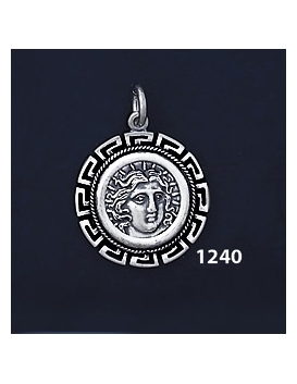 1240 Rhodes Island- Helios Ancient Sun God Coin Pendant with Greek Key Pattern / Meander (S)