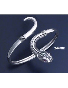 244/PE Silver Head & Tail Ornate Snake Bracelet with Ruby & Emerald