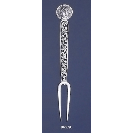 865/A Silver Carved Fork with Rhodes Island- Helios Ancient Sun God Coin
