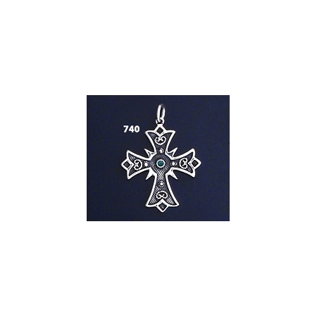 740 Double Sided Orthodox Baptism Silver Cross With Ruby & Emerald