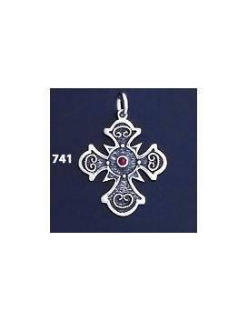 741  Double Sided Orthodox/Byzantine Baptism Silver Cross With Ruby & Emerald