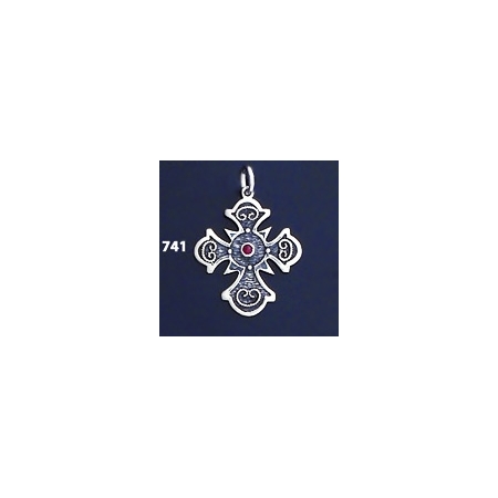 741  Double Sided Orthodox/Byzantine Baptism Silver Cross With Ruby & Emerald