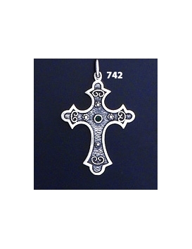 742  Double Sided Orthodox Baptism Silver Cross With Ruby & Emerald