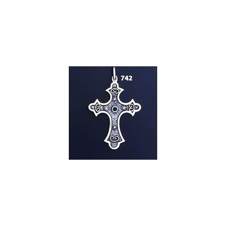 742  Double Sided Orthodox Baptism Silver Cross With Ruby & Emerald