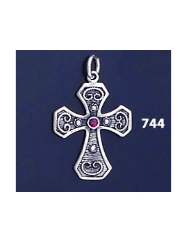 744 Double Sided Orthodox Baptism Silver Cross With Ruby & Emerald