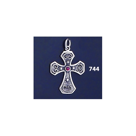 744 Double Sided Orthodox Baptism Silver Cross With Ruby & Emerald