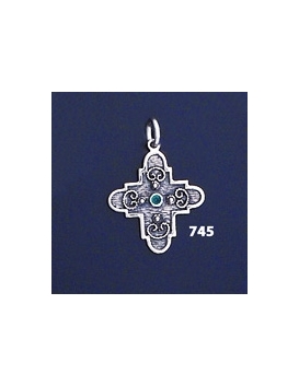 745 Double Sided Orthodox/Byzantine Baptism Silver Cross With Ruby & Emerald