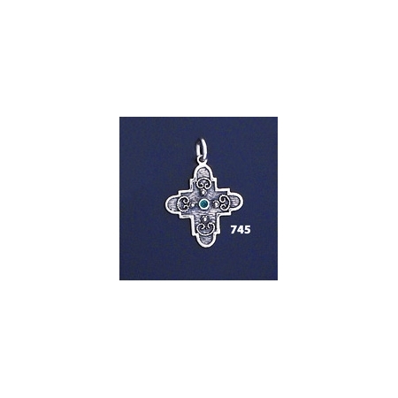 745 Double Sided Orthodox/Byzantine Baptism Silver Cross With Ruby & Emerald