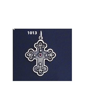 1013 Double Sided Orthodox/Byzantine Baptism Silver Cross With Ruby & Emerald