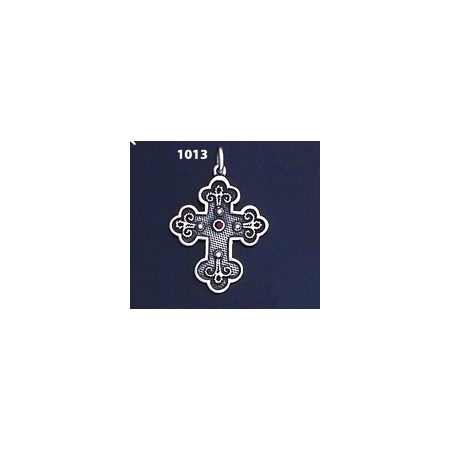 1013 Double Sided Orthodox/Byzantine Baptism Silver Cross With Ruby & Emerald