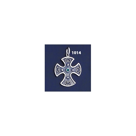 1014 Double Sided Orthodox/Byzantine Baptism Silver Cross With Ruby & Emerald