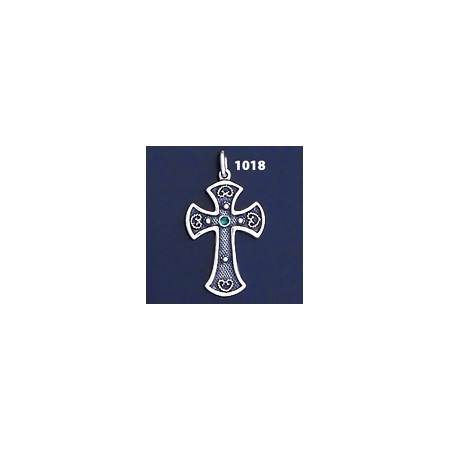1018 Double Sided Orthodox/Byzantine Baptism Silver Cross With Ruby & Emerald