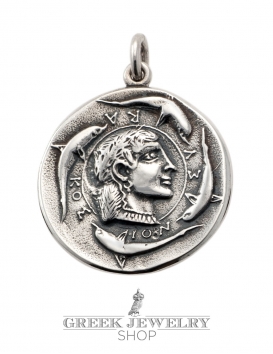 Large ancient Greek coin pendant reproduction - Arethousa (Nymph) with dolphins