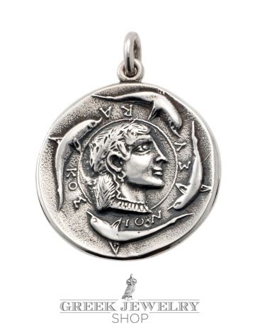 Large ancient Greek coin pendant reproduction - Arethousa (Nymph) with dolphins