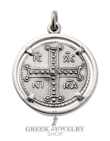 Byzantine silver crucifix coin Pendant. Sterling silver Jesus Christ pendant with Byzantium coin