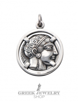 Silver Athens tetradrachm coin pendant jewelry. head of the goddess Athena.