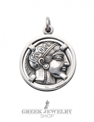 Silver Athens tetradrachm coin pendant jewelry. head of the goddess Athena.