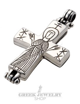 650 Reliquary Cross Pendant. Sterling silver - side B Virgin Mary engraving