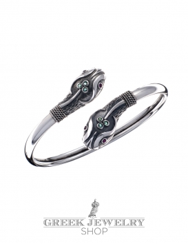 Double-Headed silver Snake Bracelet with Ruby & Emerald
