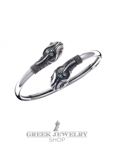 Double-Headed silver Snake Bracelet with Ruby & Emerald