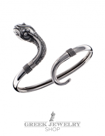 Single headed ornate sterling silver snake bracelet