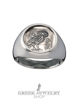 Greek silver Owl Of Wisdom chevalier coin ring - silver pinky ring