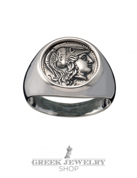 Greek Goddess Athena jewelry. Silver chevalier pinky coin ring for women and men