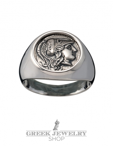 Greek Goddess Athena jewelry. Silver chevalier pinky coin ring for women and men