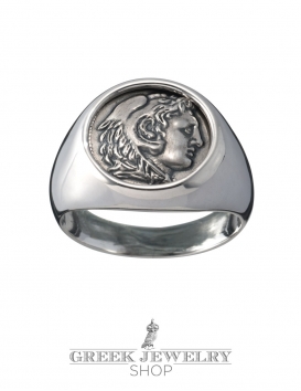 Herakles/Hercules Greek god of strength. Pinky signet chevalier coin ring in silver